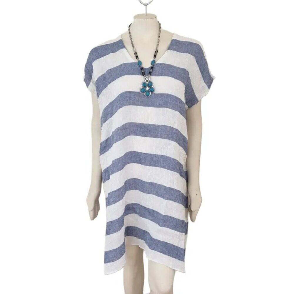 EILEEN FISHER 100% Organic Linen Gauze Striped Tunic Dress  Blue White  SZ S/M